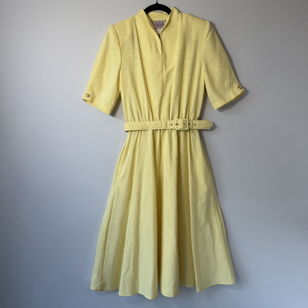 Vtg 50s 60s Style Yellow Fit Flare Dress Pockets Belted Midi 8 California Looks